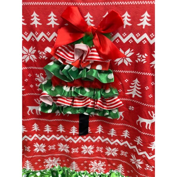 Girls Christmas Ruffle Long-Sleeve Dress With Festive Tree Patchwork & Polka Dot - Picture 2 of 5